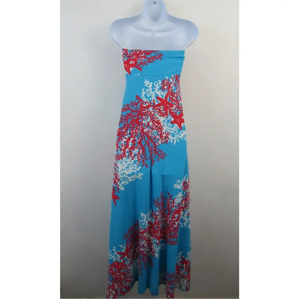 Lilly Pulitzer Jules Strapless Maxi Dress Turquoise Coral Cascade Womens XS - Picture 5 of 5